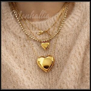 NEW GOLD MEGA PUFF HEART STATEMENT NECKLACE PENDANT